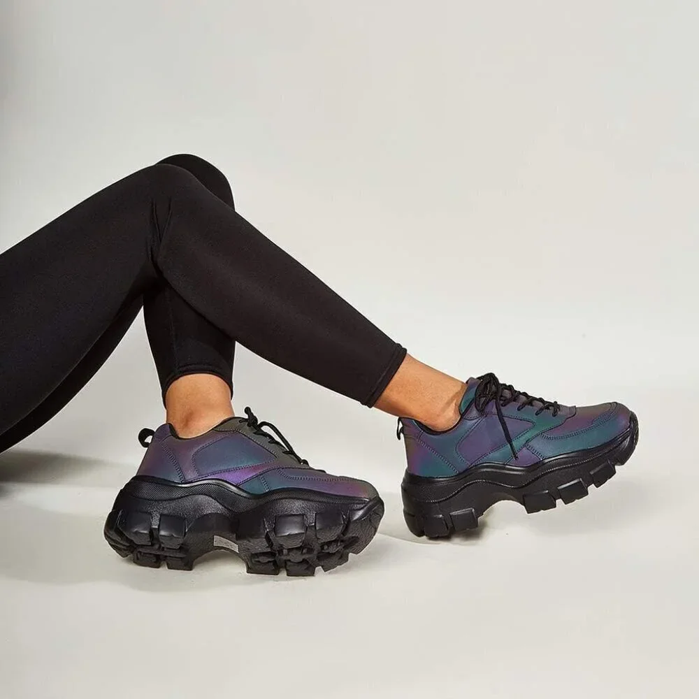 Women Charcoal Platform Fuchsia Hologram Casual Lace-Up Sneakers